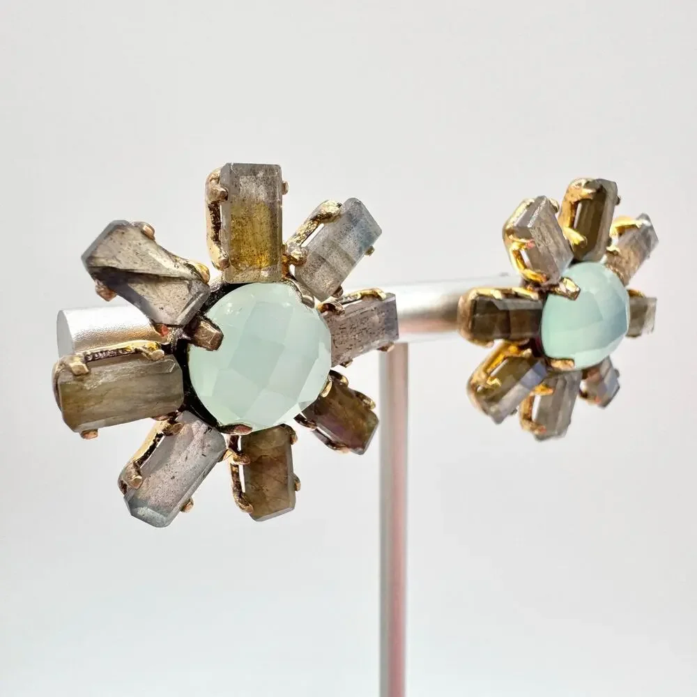 Labradorite Baguette Faceted Chalcedony 925 Sterling Silver Sunburst Earrings - Picture 4 of 14